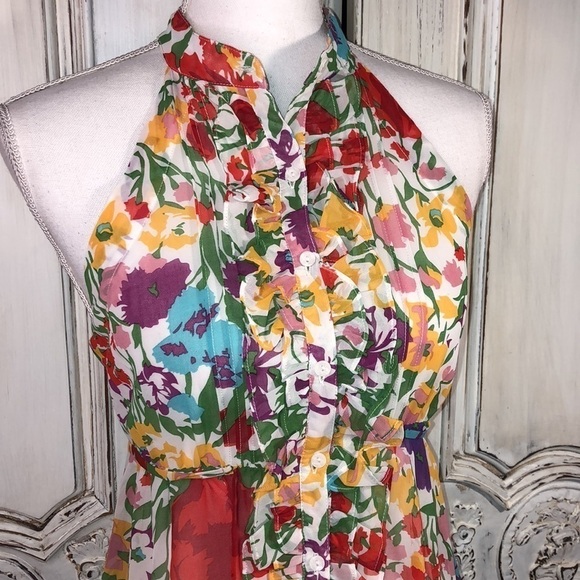 Twentyone Multi Colored Ruffle Front Button Down Cut in Sleeveless Dress S/S - Picture 2 of 10